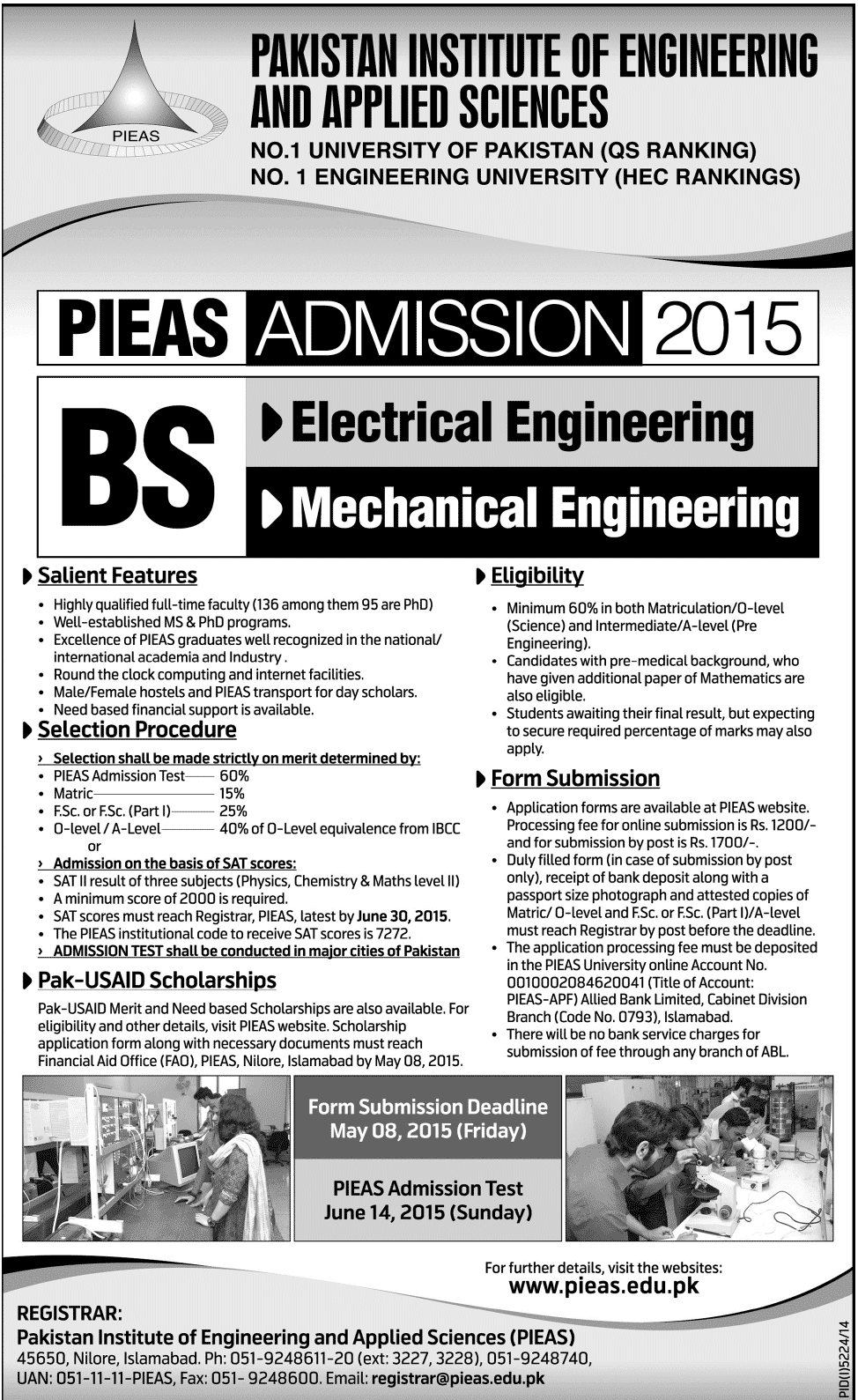 PIEAS announces admissions for BS Electrical and Mechanical Engineering for session 2015